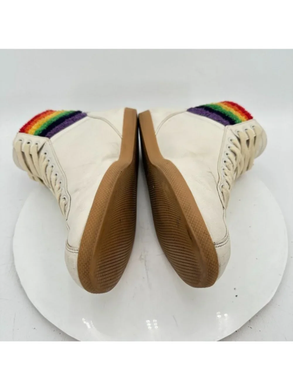 Gucci Men Sz UK 9.5D US 10 White Leather Lace Up Rainbow Heel Collar Mid Shoes